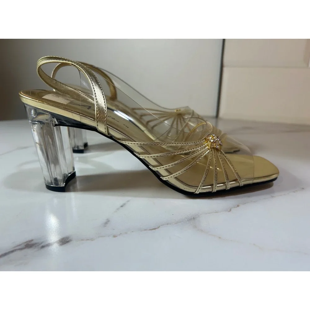 Annie Gold Metallic Clear Lucite Block Heel Slingback Sandals Rhinestone Size 8M